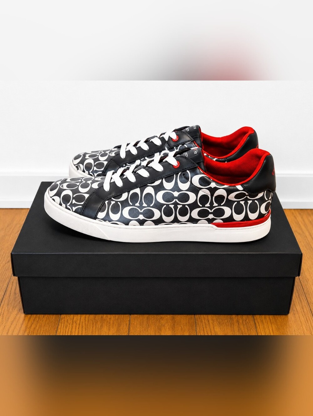 Coach Black & White Leather Signature Logo Low-Top Sneakers with Red Interior